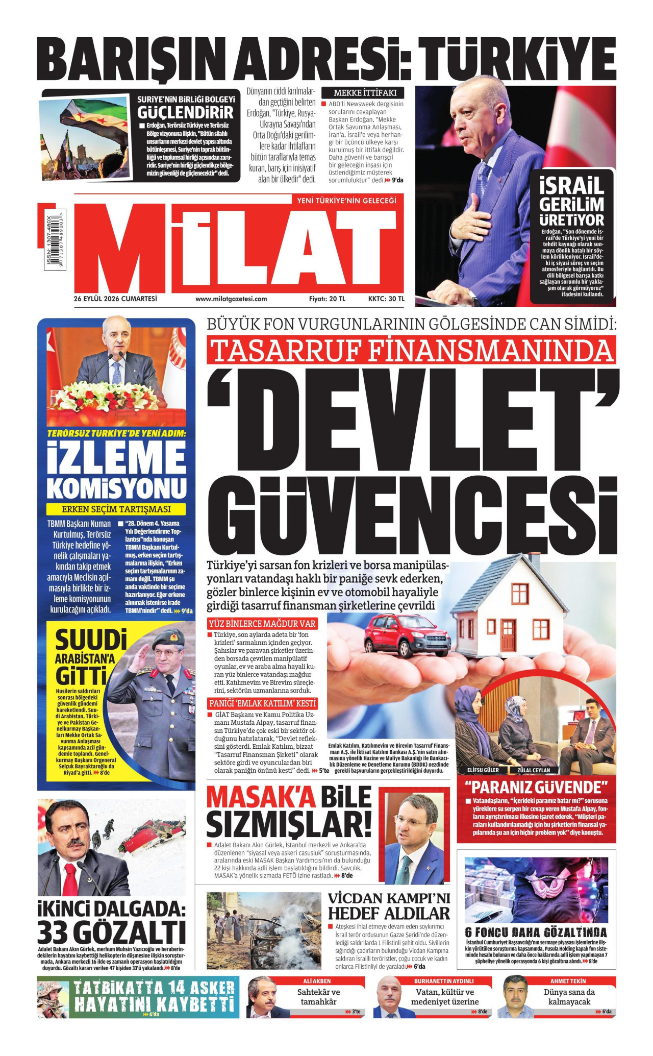 Milat Gazetesi gazetesi manşeti