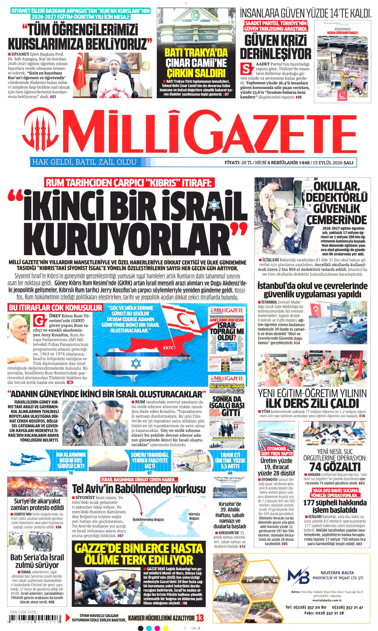 Milli Gazete Gazetesi gazetesi manşeti