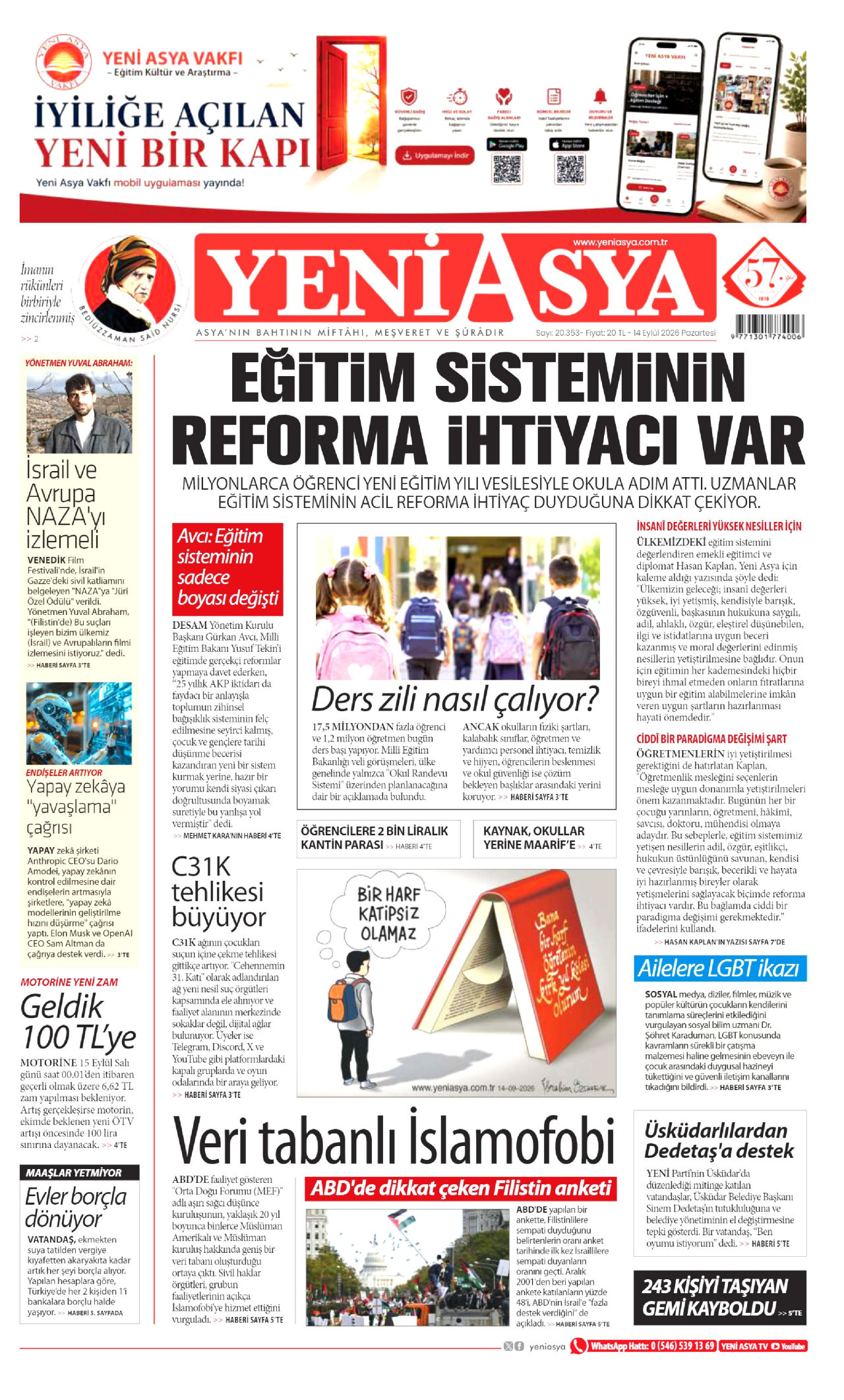 Yeni Asya Gazetesi gazetesi manşeti