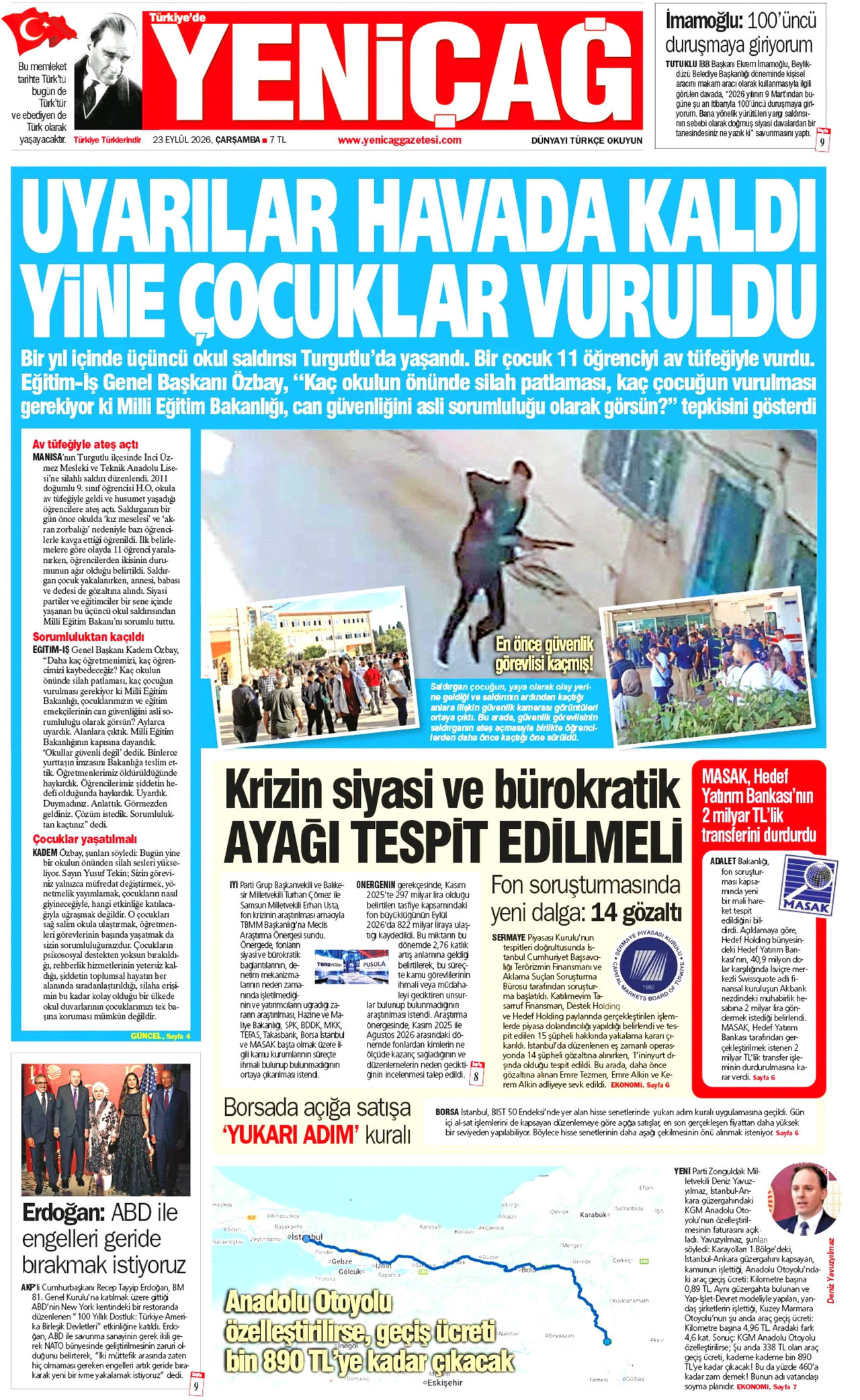 Yeniçağ Gazetesi gazetesi manşeti